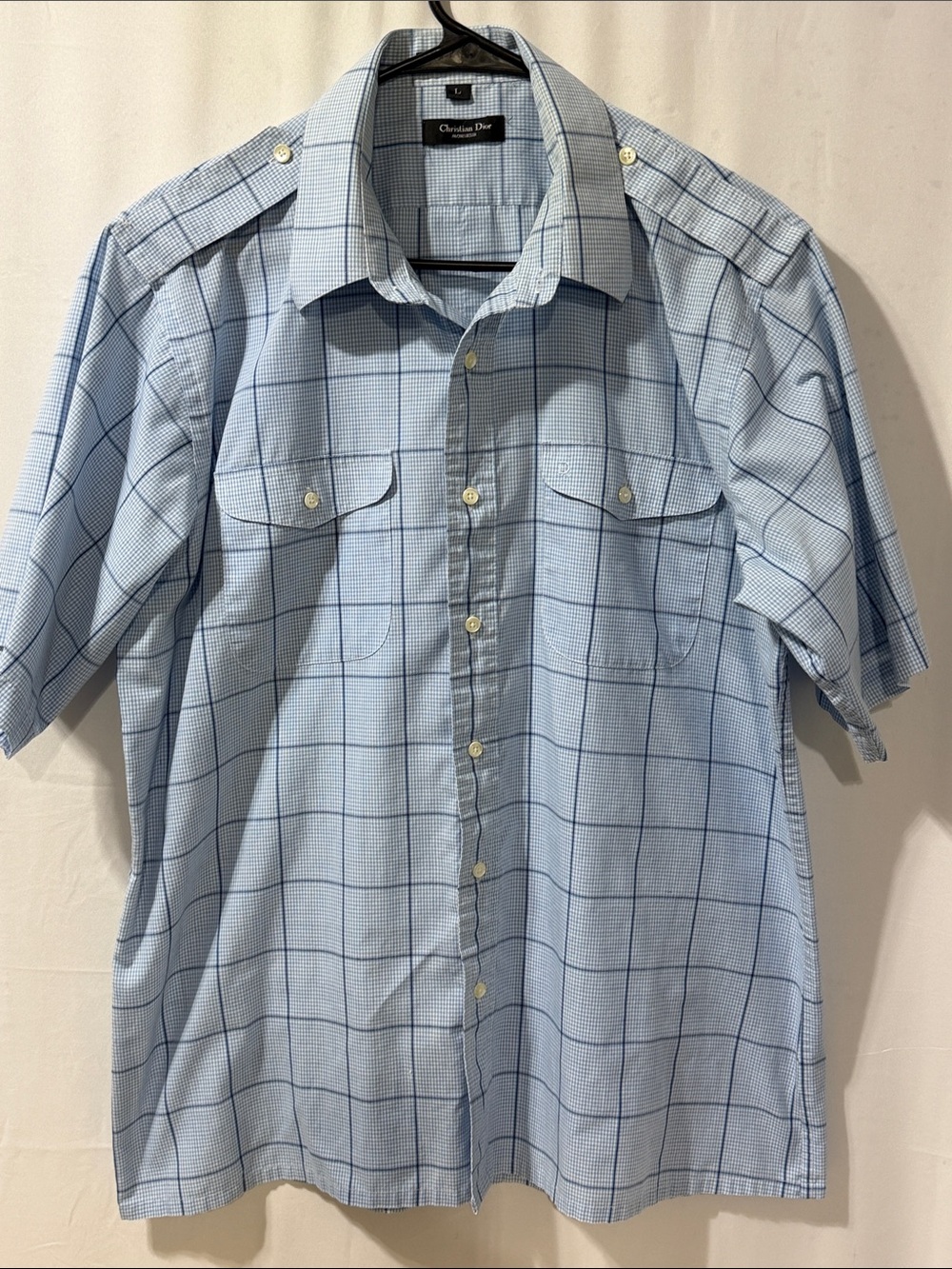 Dior Light Blue Windowpane Short-Sleeve Button-Down Shirt